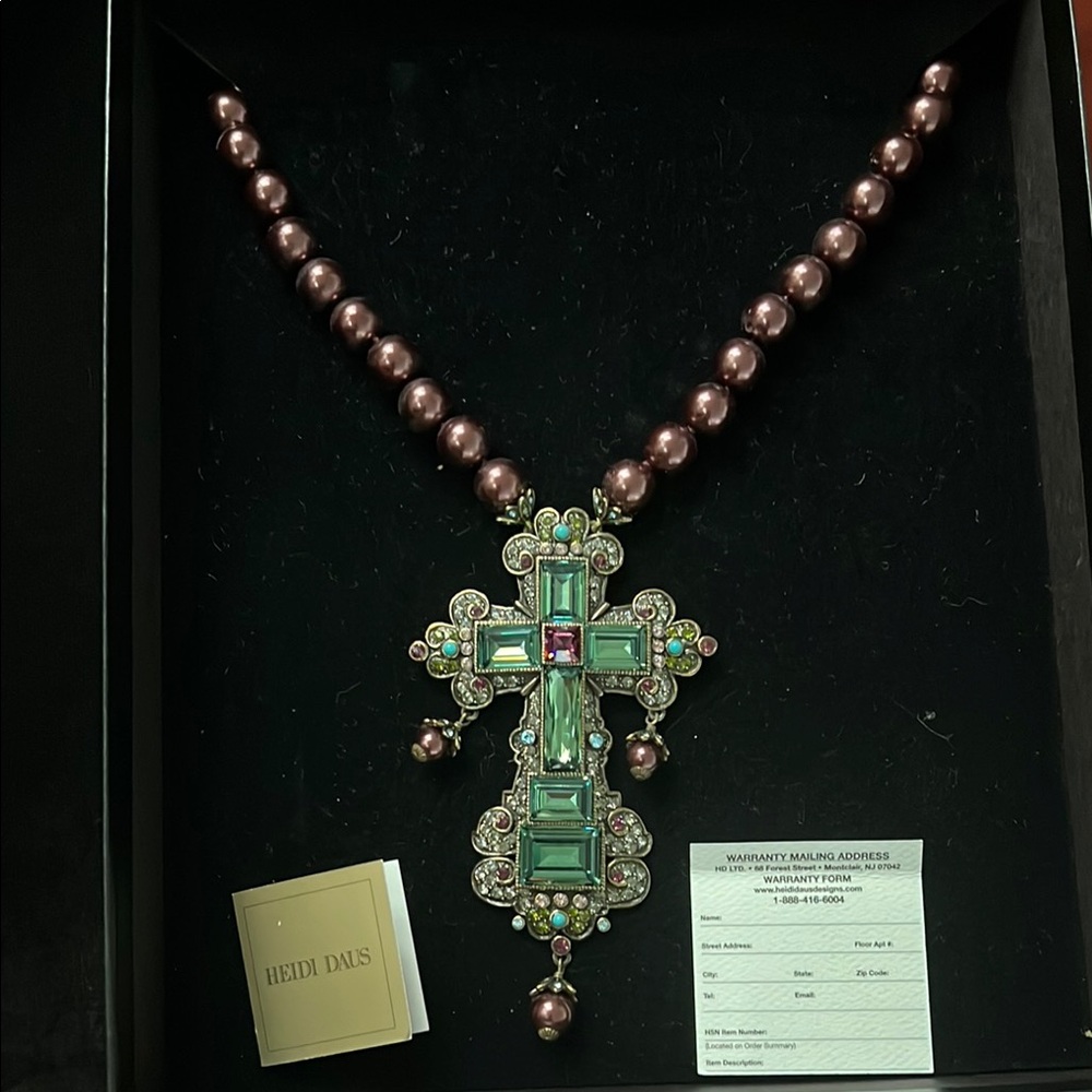 Heidi Daus Emerald Green and Brown Pearls Ornate Cross Necklace